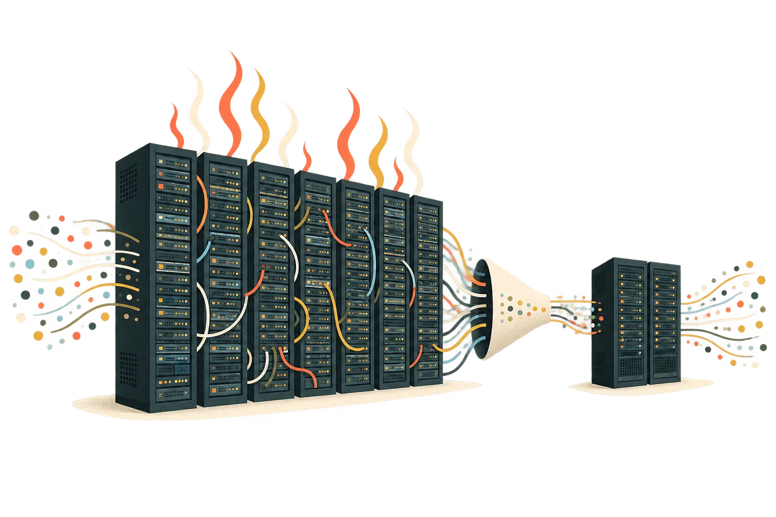 Eight tall server racks throwing off heat and tangled cables funnel down into two compact racks. The same stream of data enters and leaves both sides.