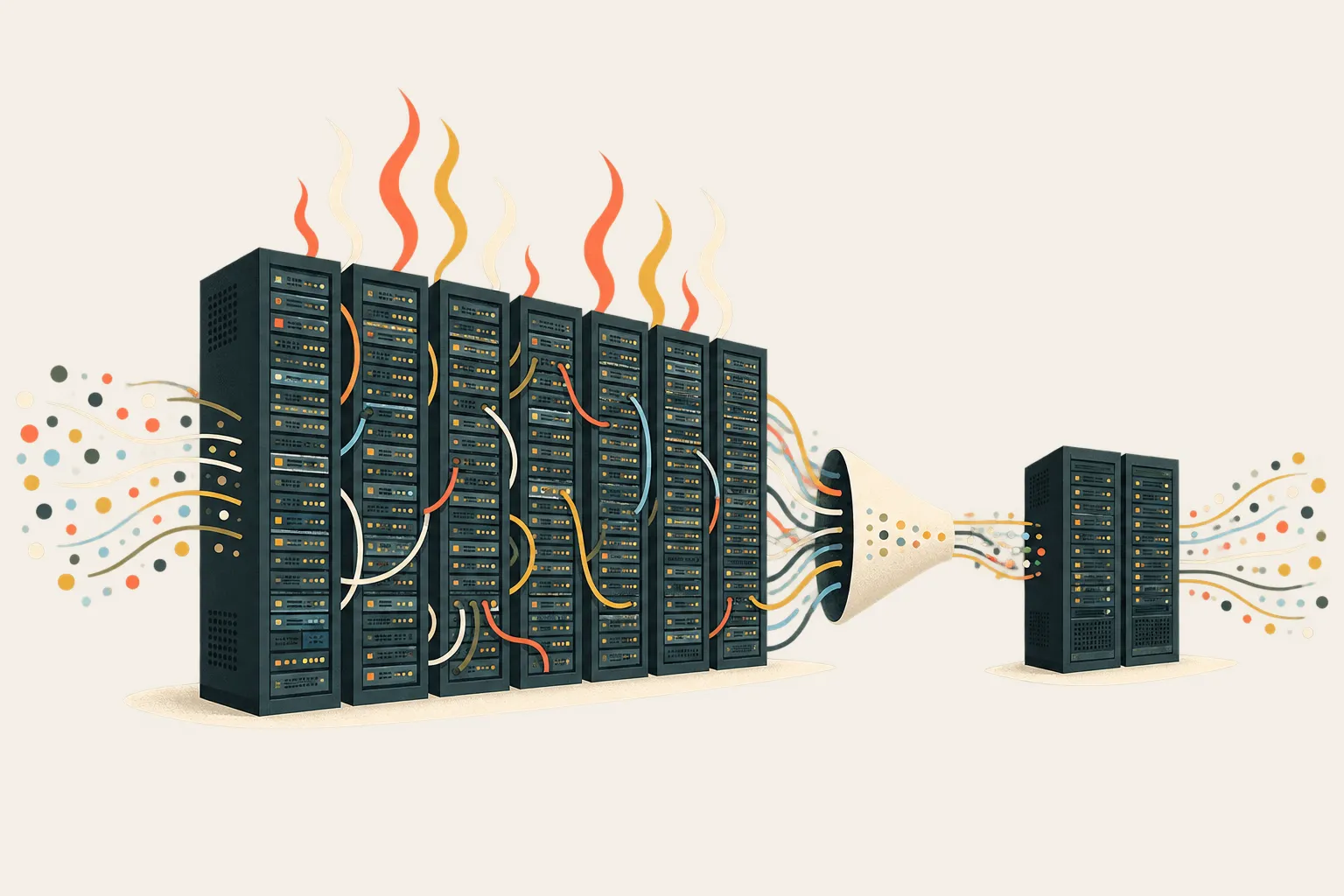 Eight tall server racks throwing off heat and tangled cables funnel down into two compact racks. The same stream of data enters and leaves both sides.